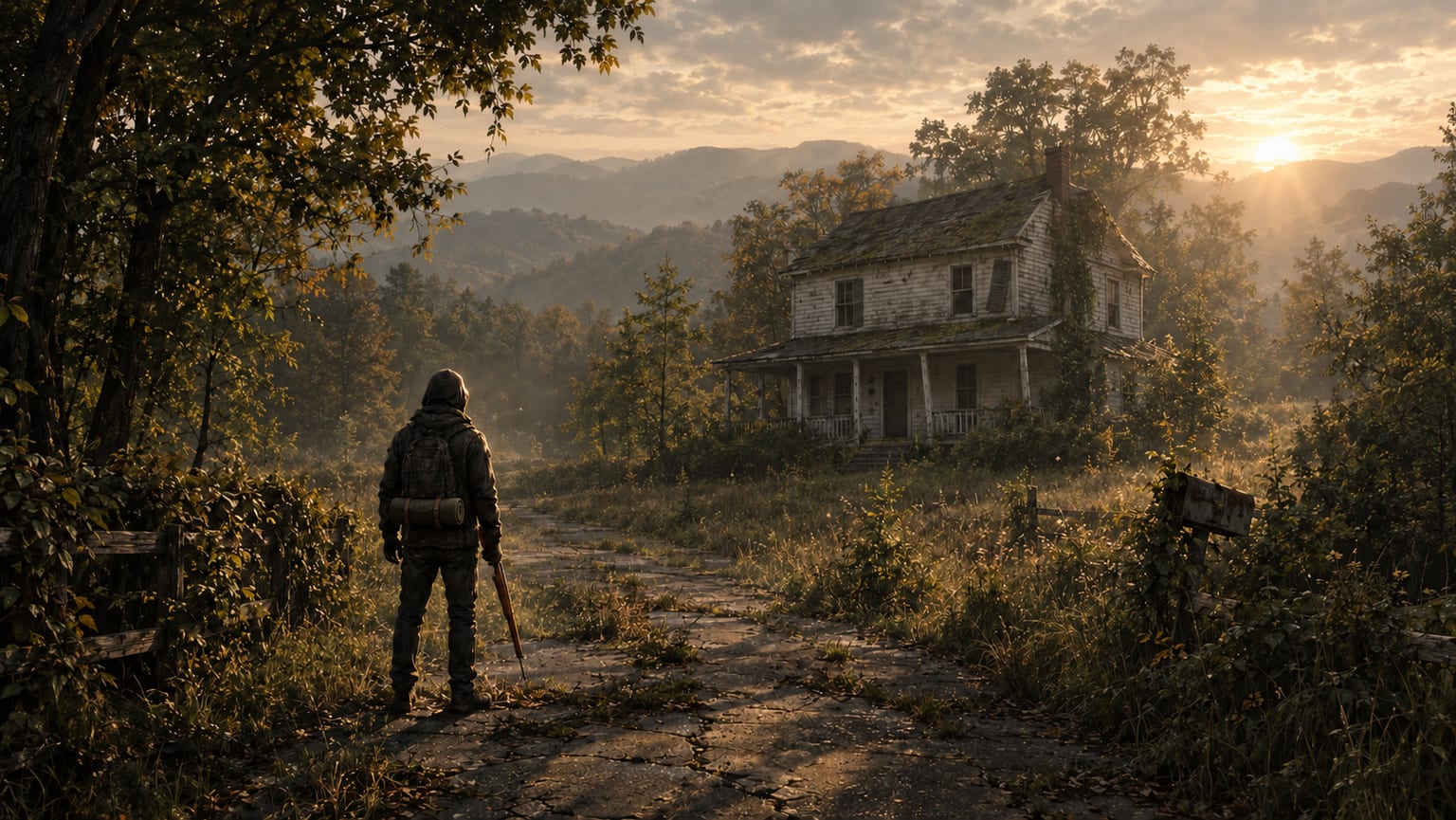 You stand at the end of an overgrown road, looking at a weathered white farmhouse on a rise, with mountains and a low sun behind it.