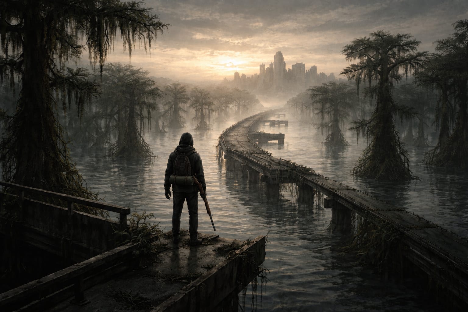 You stand hooded, a rifle in one hand, at the broken end of a bridge over a flooded bayou, looking toward a city of towers in the fog.